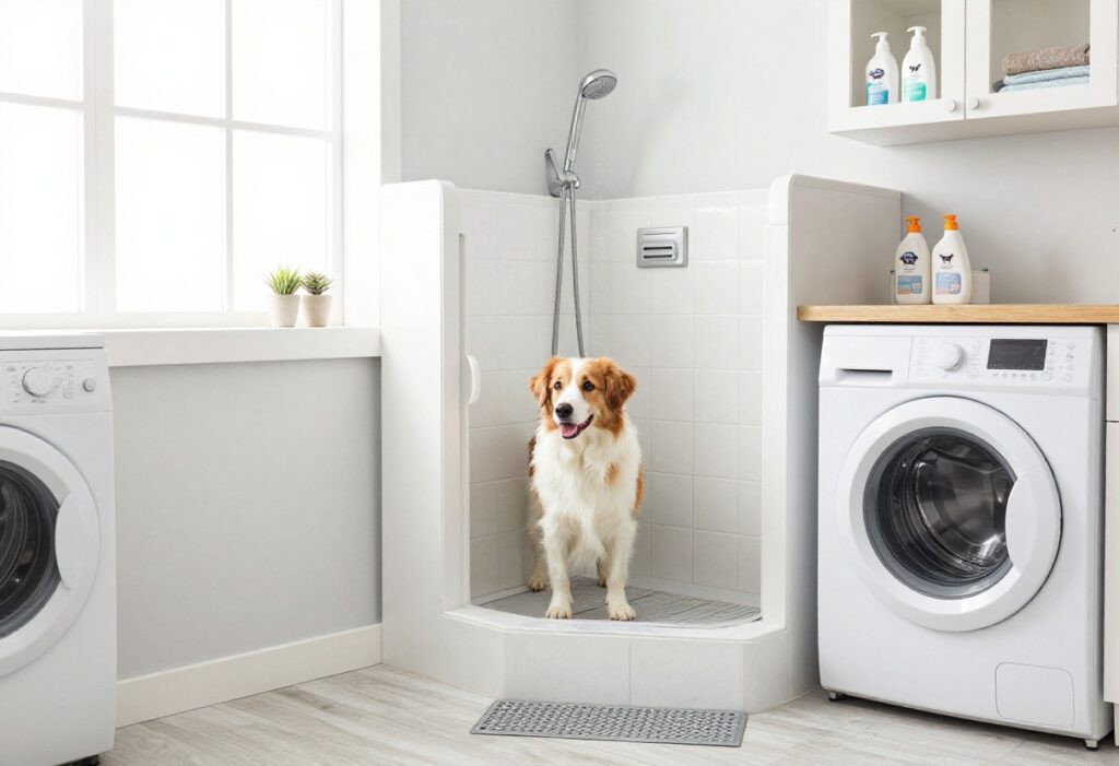 Laundry room with a tiled dog washing station and a happy dog inside