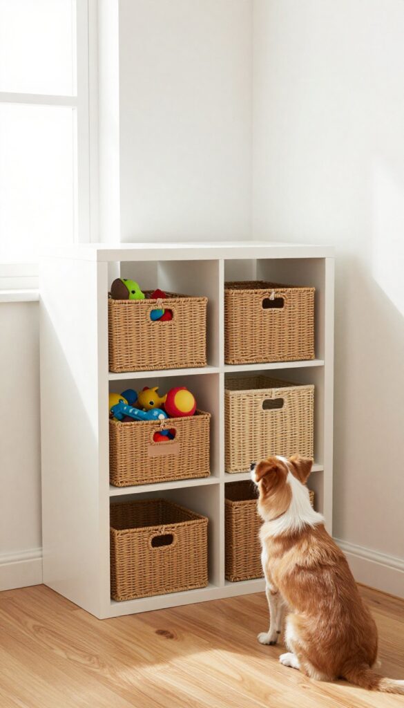 Dog sitting by labeled storage baskets for toys and gear in a tidy living room