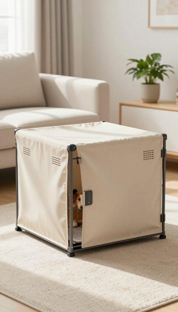 Minimalist metal dog crate with a fitted beige cover in a bright, clean living room setting