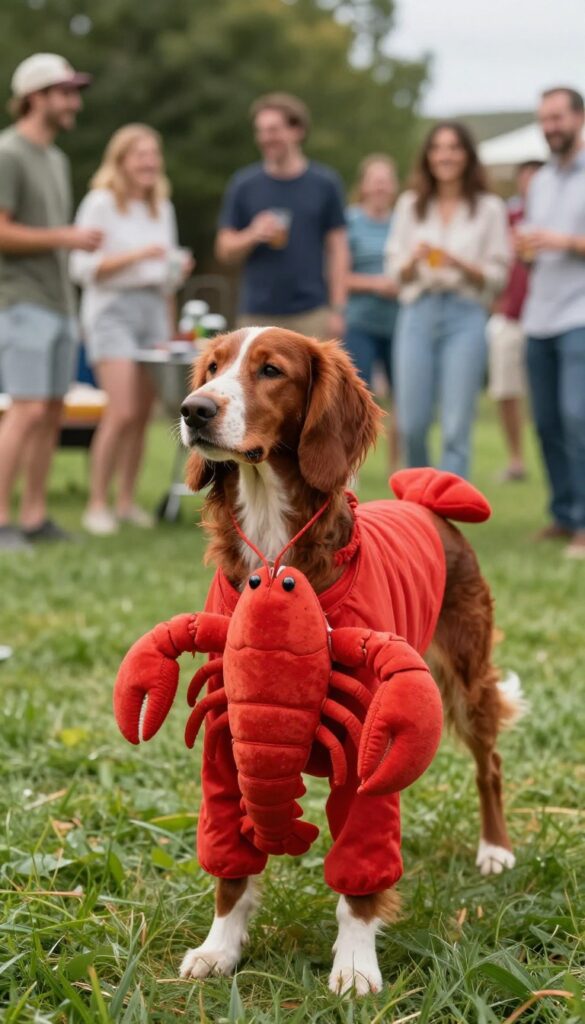 Dog wearing a bright red lobster costume with claws and tail at a summer party