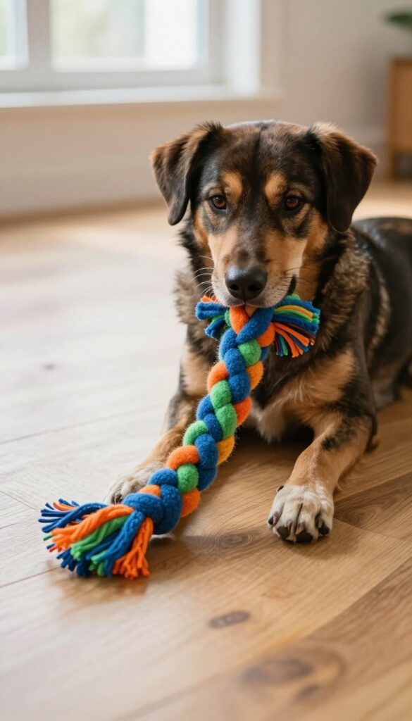 Braided tug toy made from fabric scraps, held by a dog in bright natural light