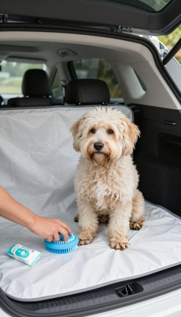 Dog owner cleaning muddy dog paws with portable paw washer in car trunk