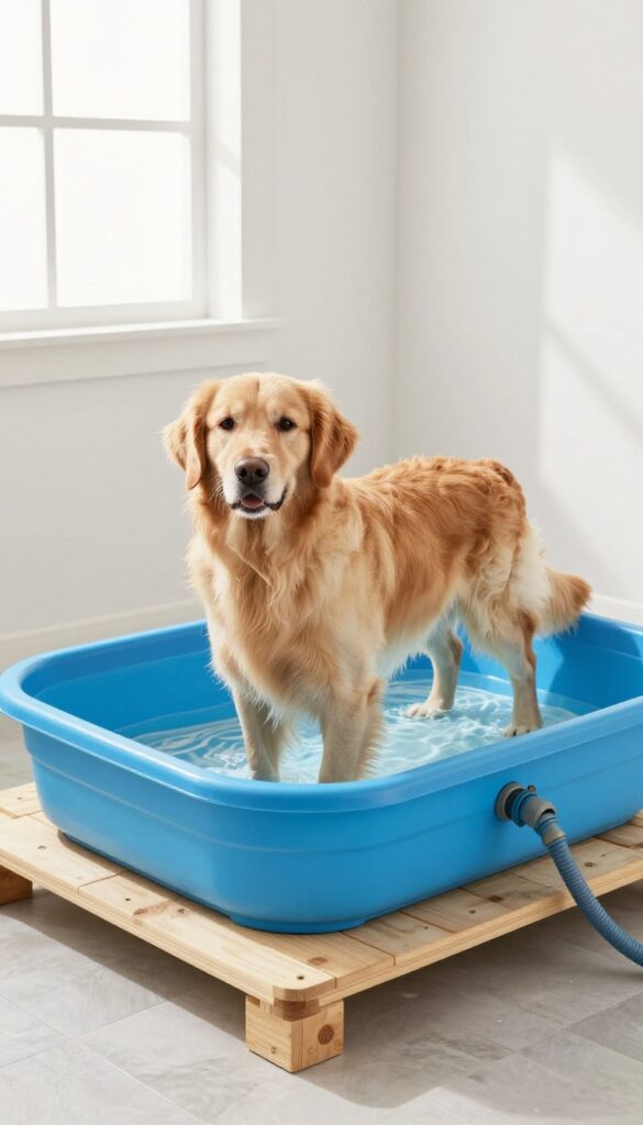 DIY raised platform with plastic pool as dog washing station in laundry room