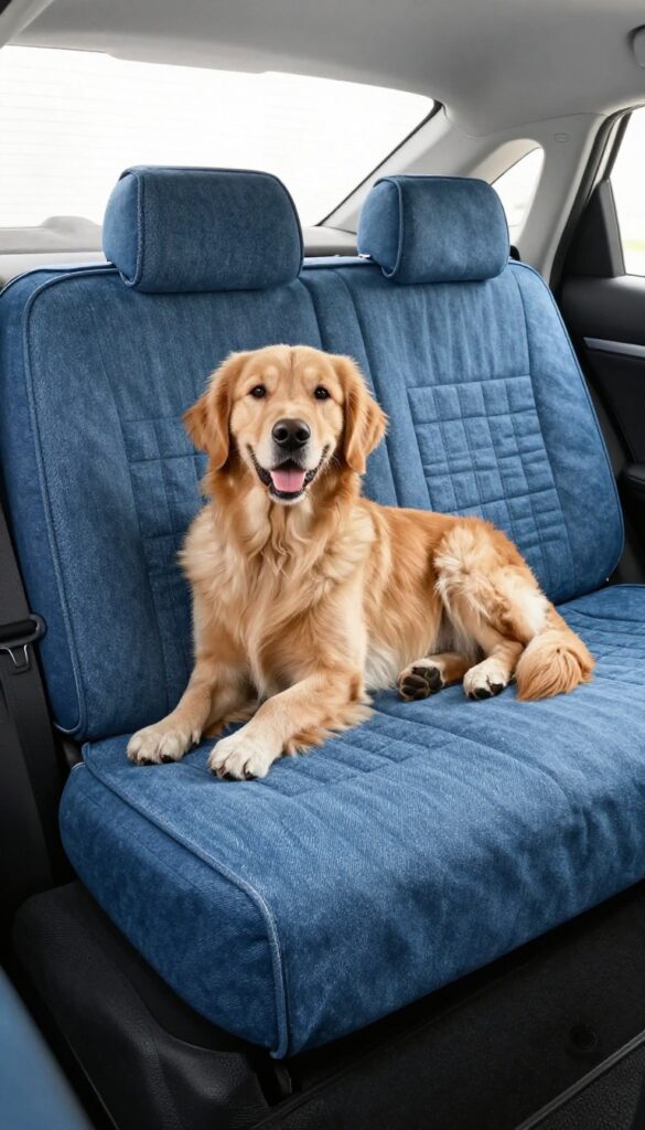 Dog sitting on a custom DIY denim seat cover in a car, protecting the upholstery from hair and mud