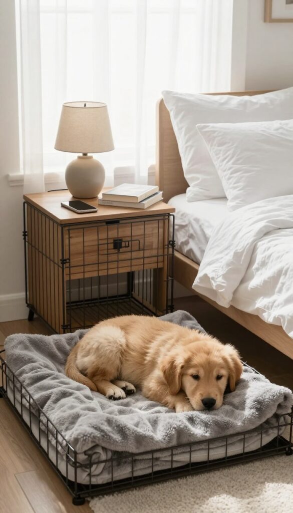 Dog crate used as a nightstand beside a bed, with a lamp and book on top, a puppy sleeping inside.