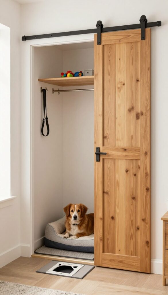 Closet converted into a dog room with sliding barn door and doggie door cutout