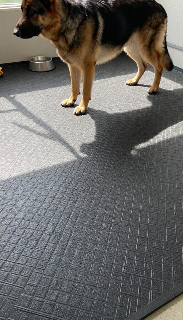 Rubber stall mats in a dog kennel with a German Shepherd standing on them