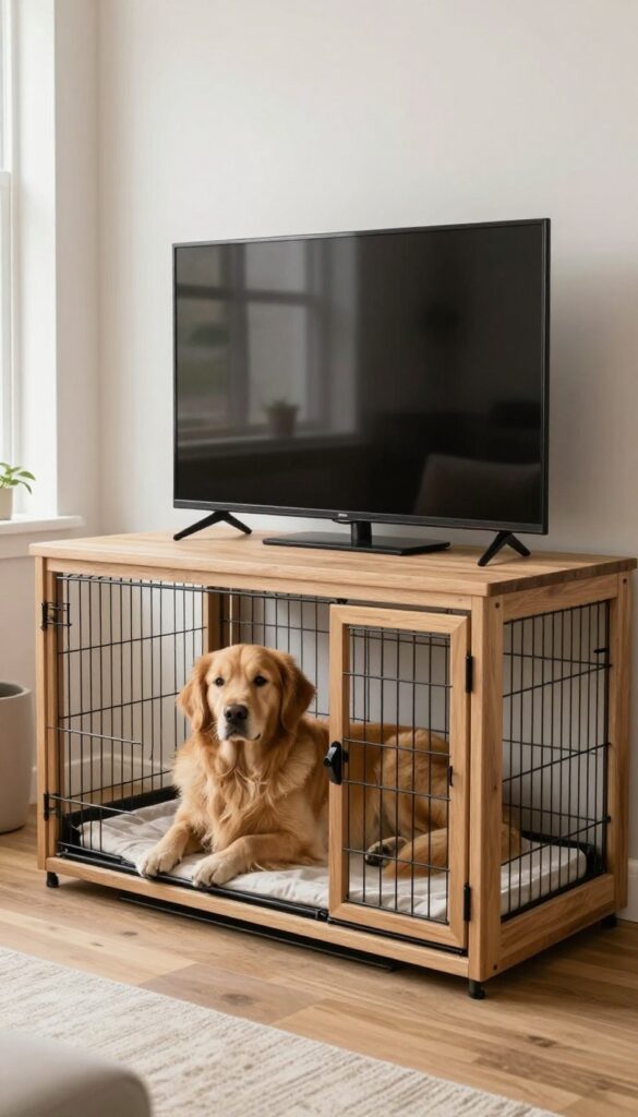 A living room with a wooden dog crate TV stand, a TV on top, and a Golden Retriever resting inside the crate.