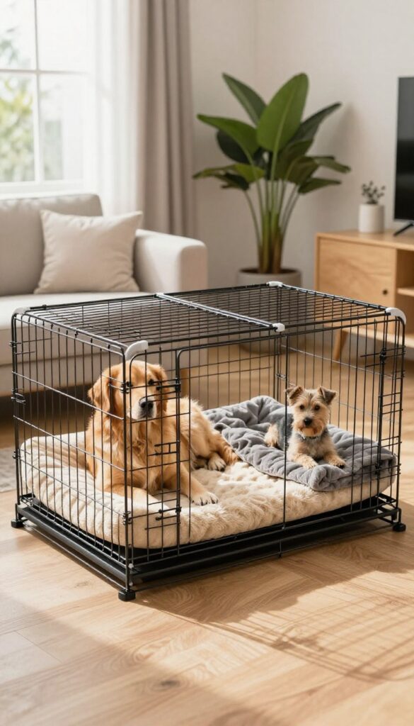 Two dogs relaxing on separate sides of a large divided wire crate in a bright living room