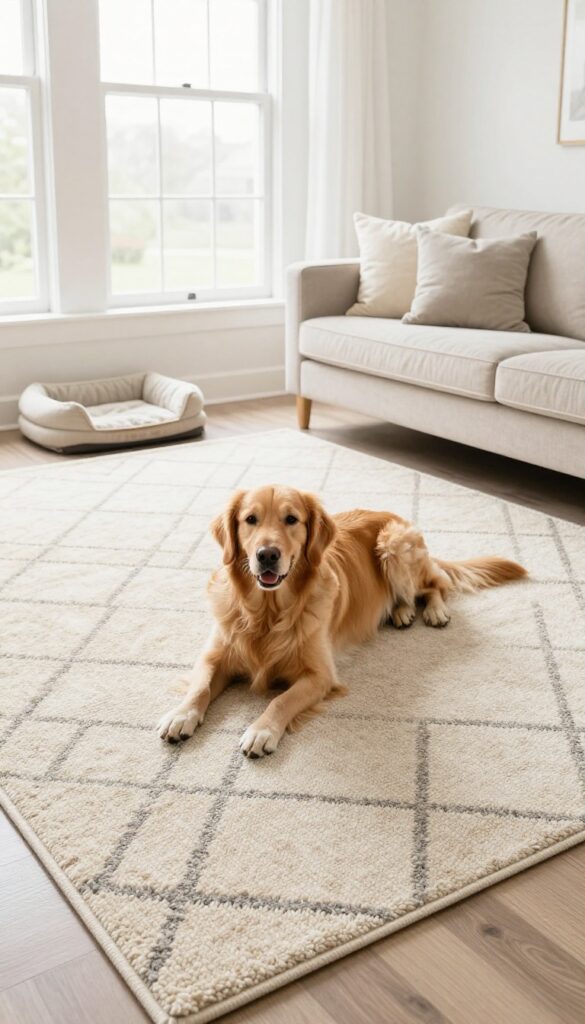 Dog lying on a washable rug in a bright living room with carpet tiles nearby