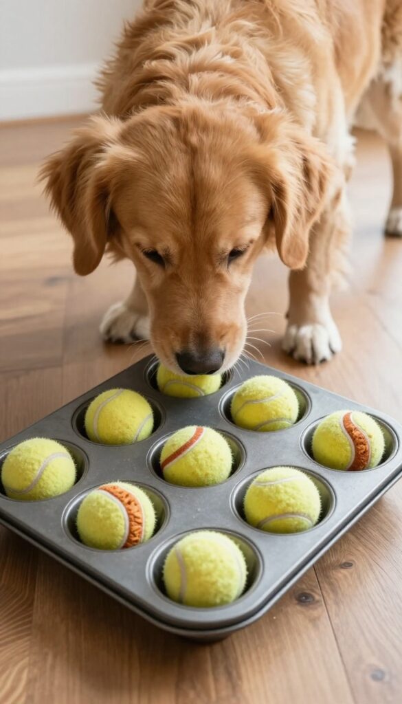 Dog playing muffin tin game with tennis balls and treats