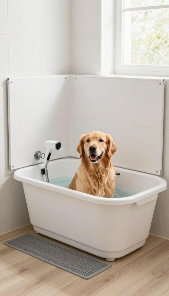 Fold-down wall-mounted dog tub in a laundry room with a dog being bathed