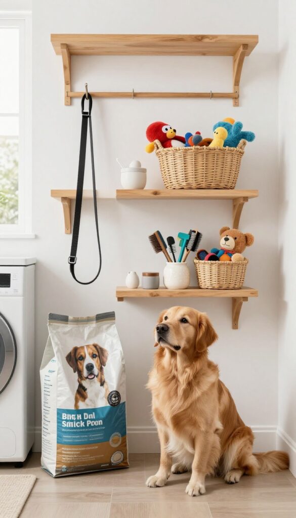 Open shelving in a laundry room storing dog food, leash, toys, and grooming tools, with a dog looking up.