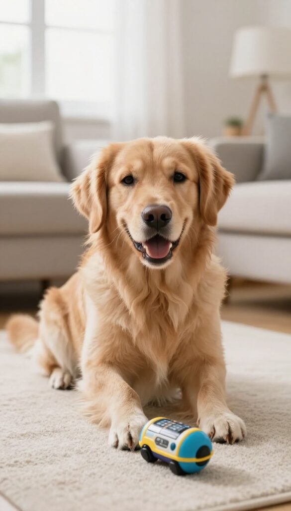 Golden retriever playing with an electronic motion-activated toy on a carpet