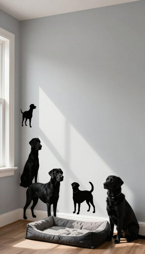 Black Labrador silhouette decals arranged vertically on a light gray wall above a dog bed in a sunlit entryway.