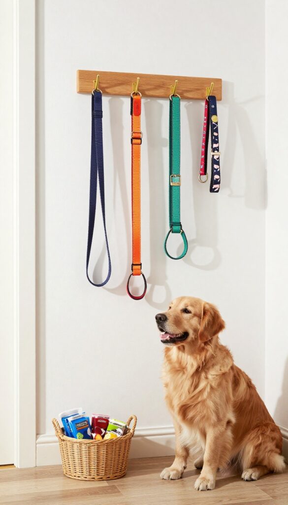Wall-mounted leash and collar rack with leashes and collars hanging neatly, a basket with supplies below, and a dog sitting beside it in a bright entryway.