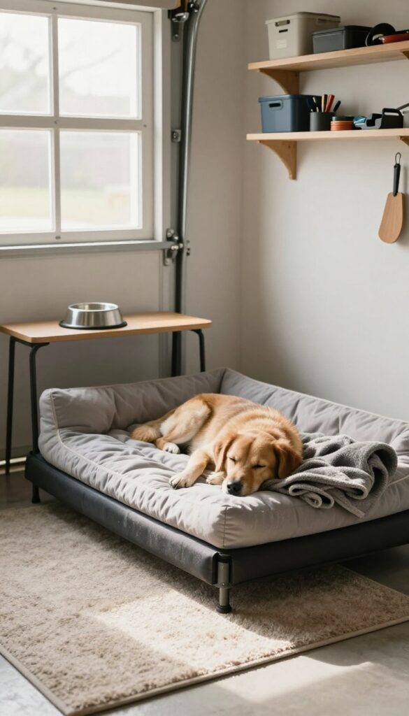Cozy dog sleeping nook in garage with raised bed and soft bedding