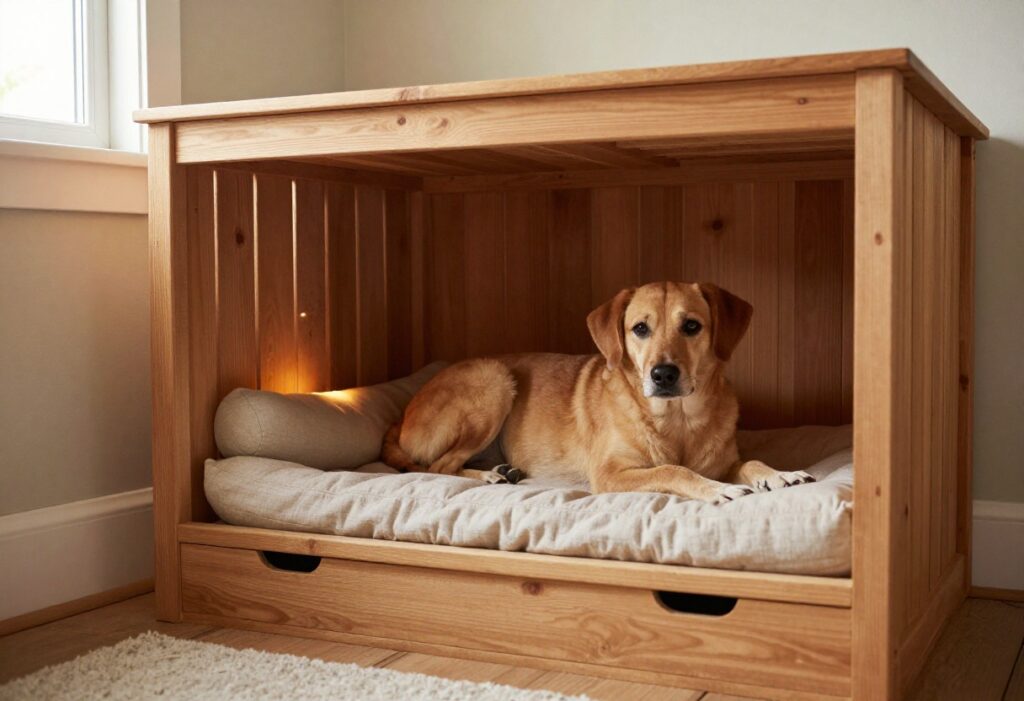 Under-stairs dog kennel with wooden crate and dog resting inside