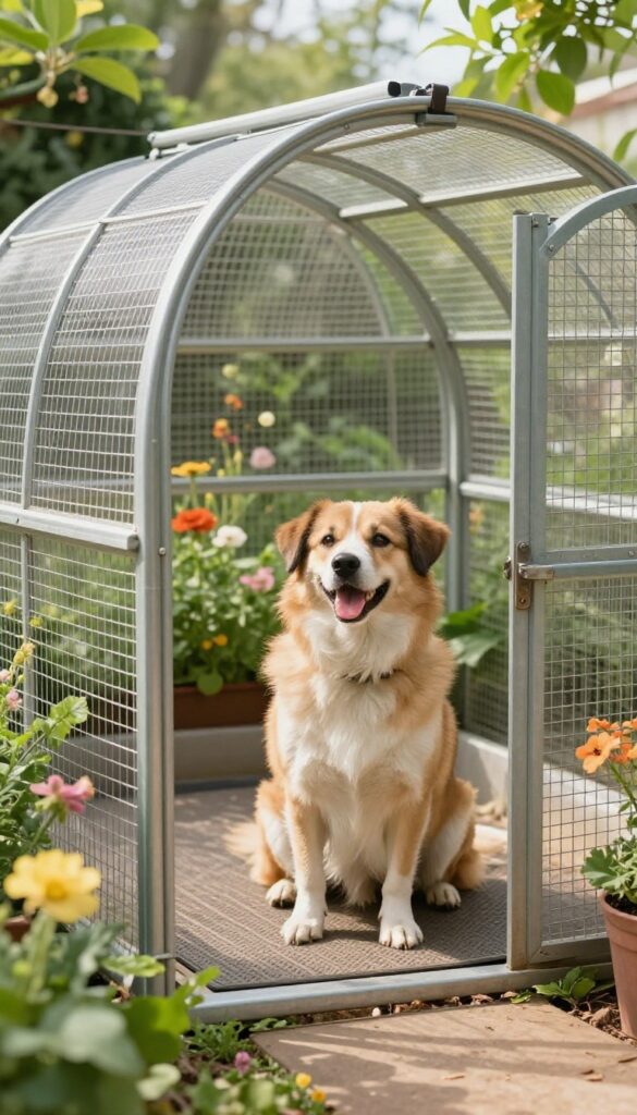 Greenhouse frame kennel in a garden, made from curved metal ribs and wire mesh, with a dog sitting inside on a rubber mat.