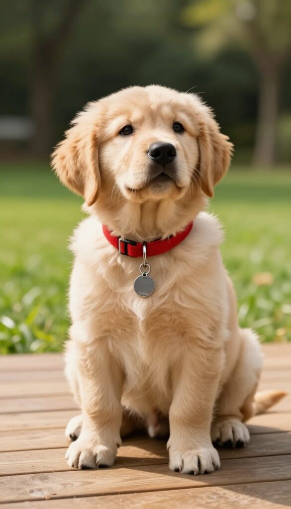 A Golden Retriever puppy on a deck, looking up happily, wearing a red collar with a name tag.