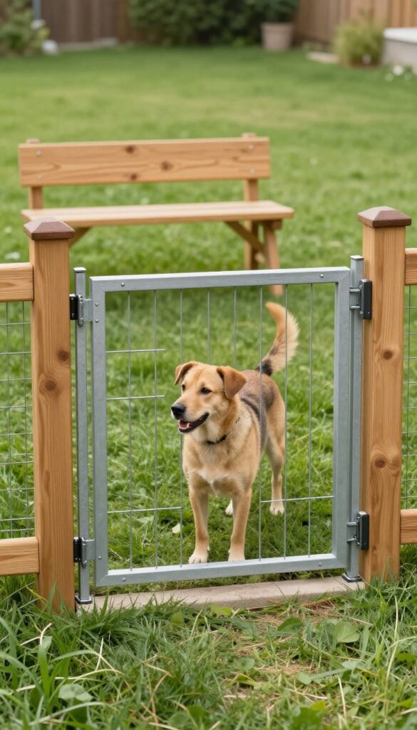 Double-gated entry system for a secure backyard dog run with a happy dog inside.