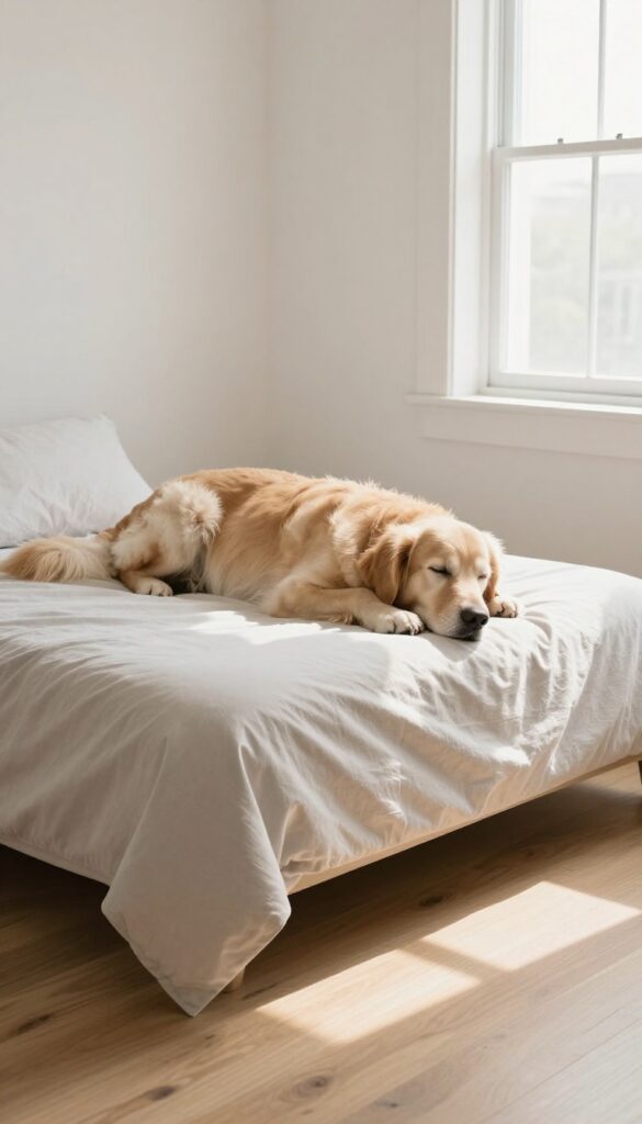 Senior Golden Retriever sleeping on an orthopedic dog bed in a bright, quiet bedroom corner