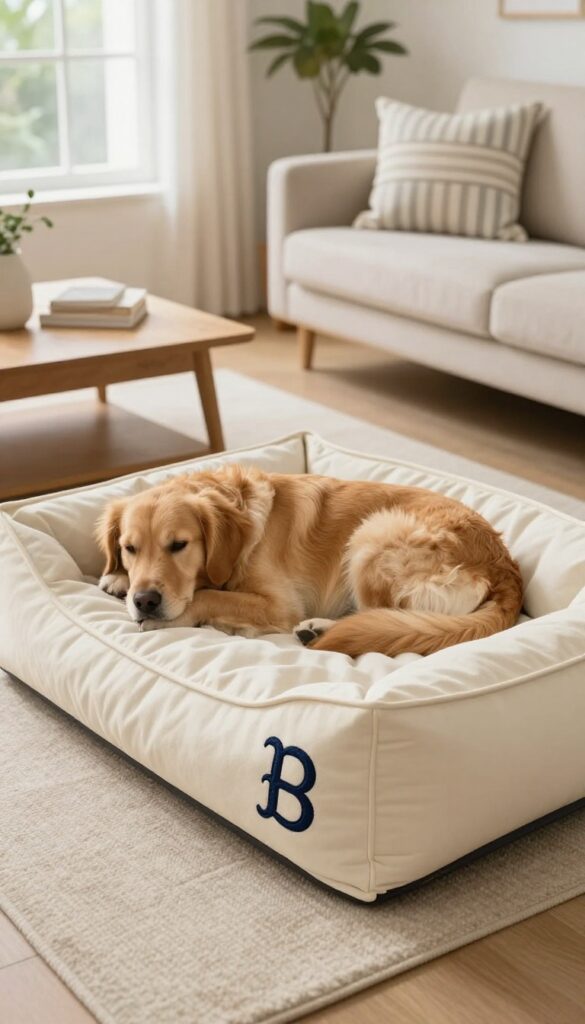 A cream canvas monogrammed dog bed with navy letters, a golden retriever resting on it, in a bright living room.