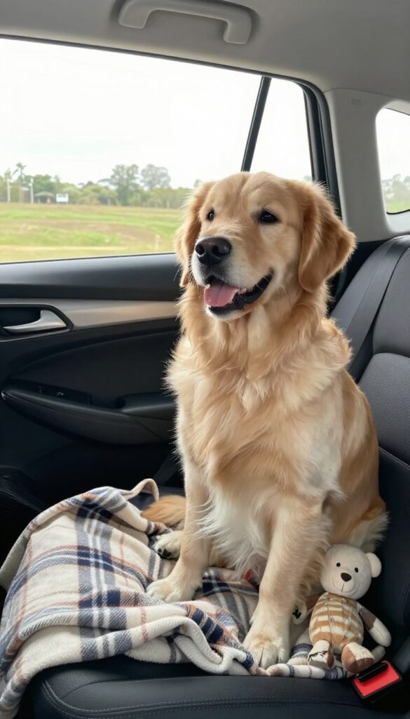A Golden Retriever named Charlie sitting in a car seat on a plaid blanket, looking out the window with a happy expression.