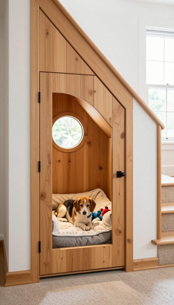 Built-in dog kennel under stairs with matching door and cozy bed