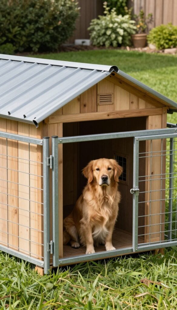 Metal roof dog house with attached fenced run in a sunny backyard, featuring a light gray reflective roof and a golden retriever sitting nearby.