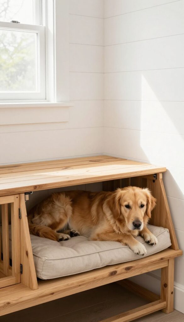 A padded bench covering a dog crate in a mudroom, with a golden retriever inside the crate, natural light, photorealistic style.