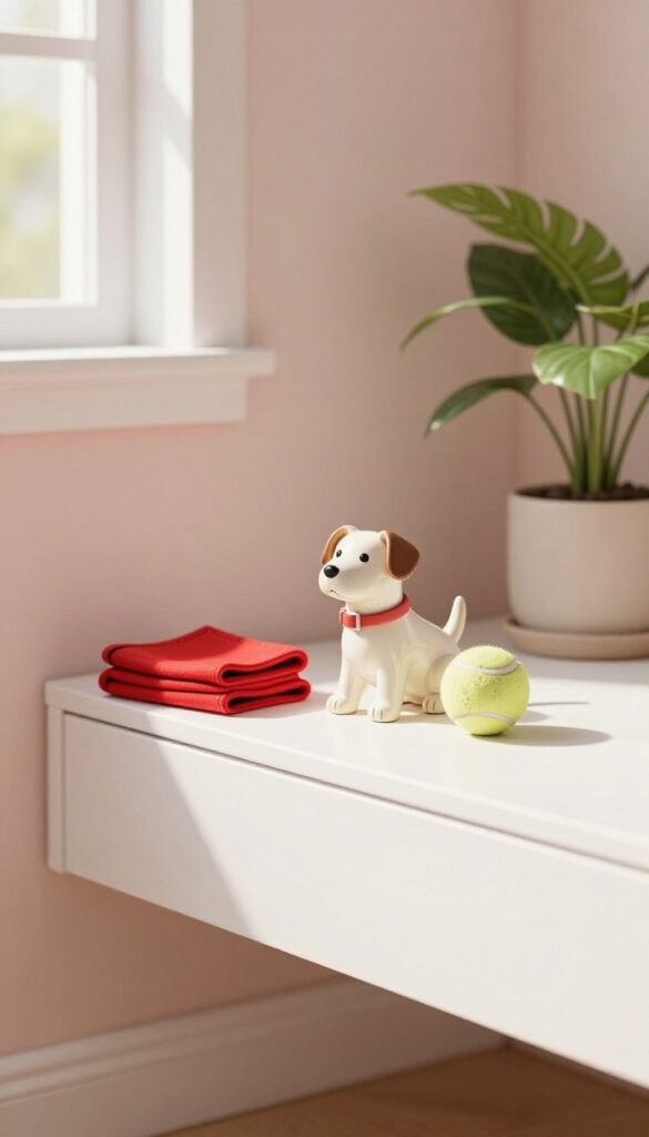 Floating shelf with dog collar, toy, and ceramic dog figurine in bright living room