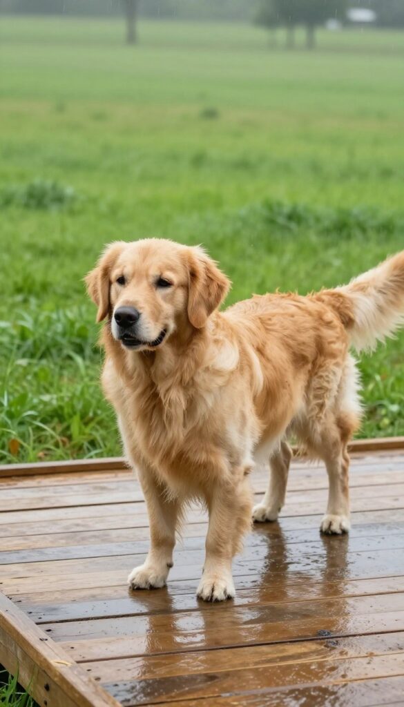 Elevated dog kennel floor with drainage gaps keeping a golden retriever dry in rainy weather