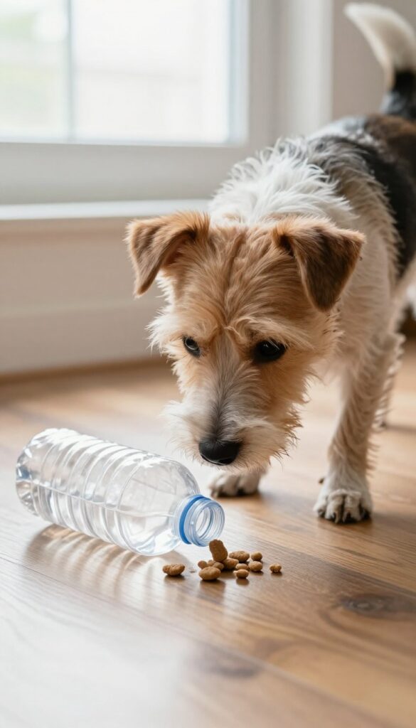 Dog playing with a bottle treat puzzle on a wooden floor