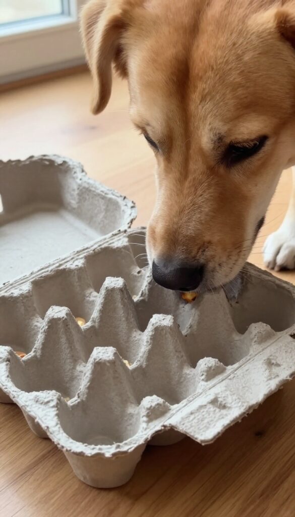 Dog sniffing and pawing at an egg carton filled with treats