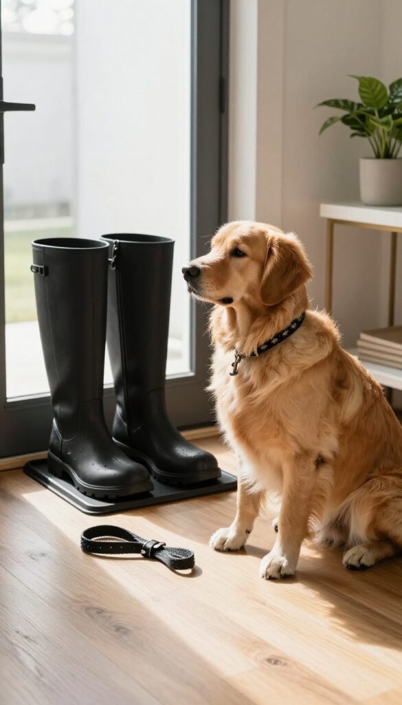 A boot tray holding wet dog leash and collar near the door, with a golden retriever sitting beside it in a bright entryway.
