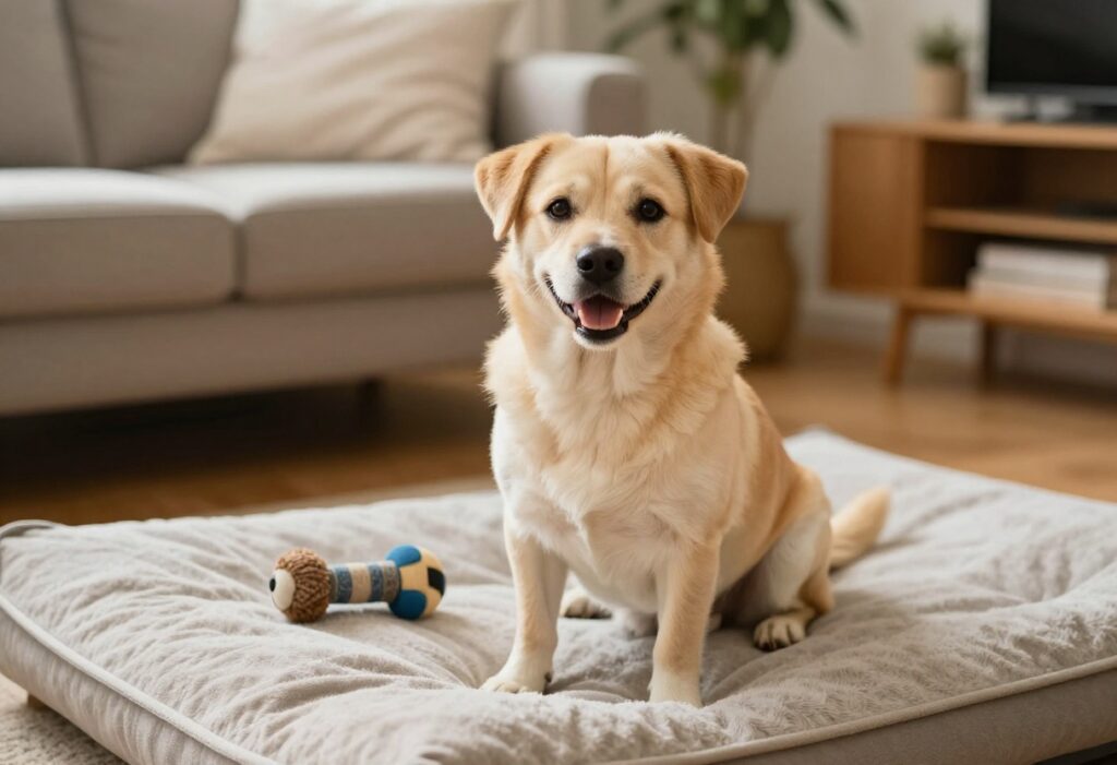 Happy male dog sitting on a cozy dog bed in a home setting