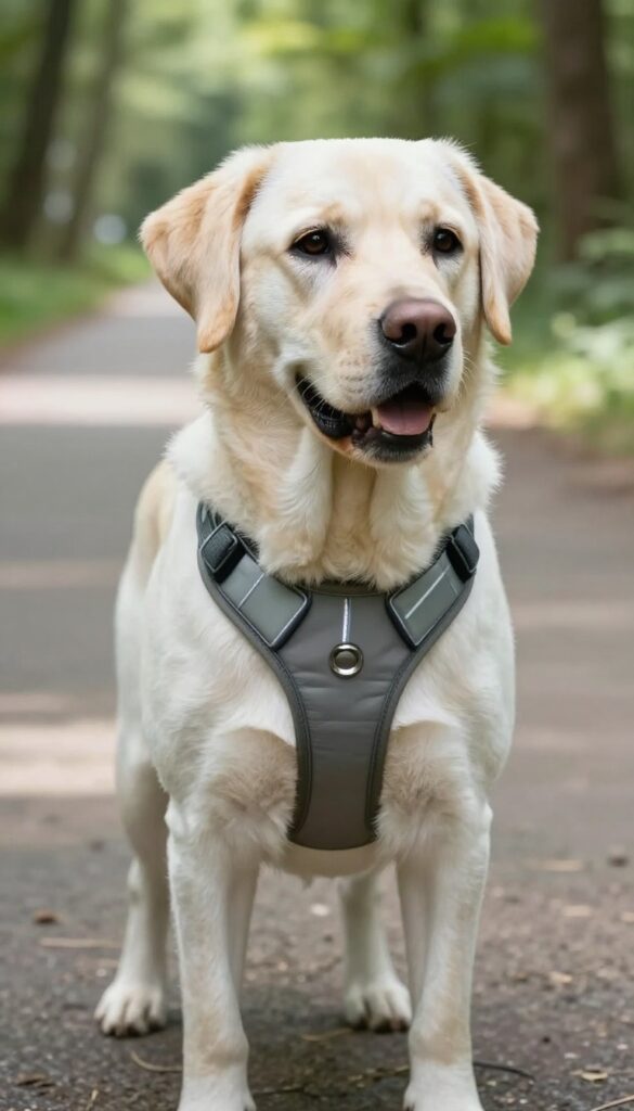 Sporty harness with handle on an active dog in a forest