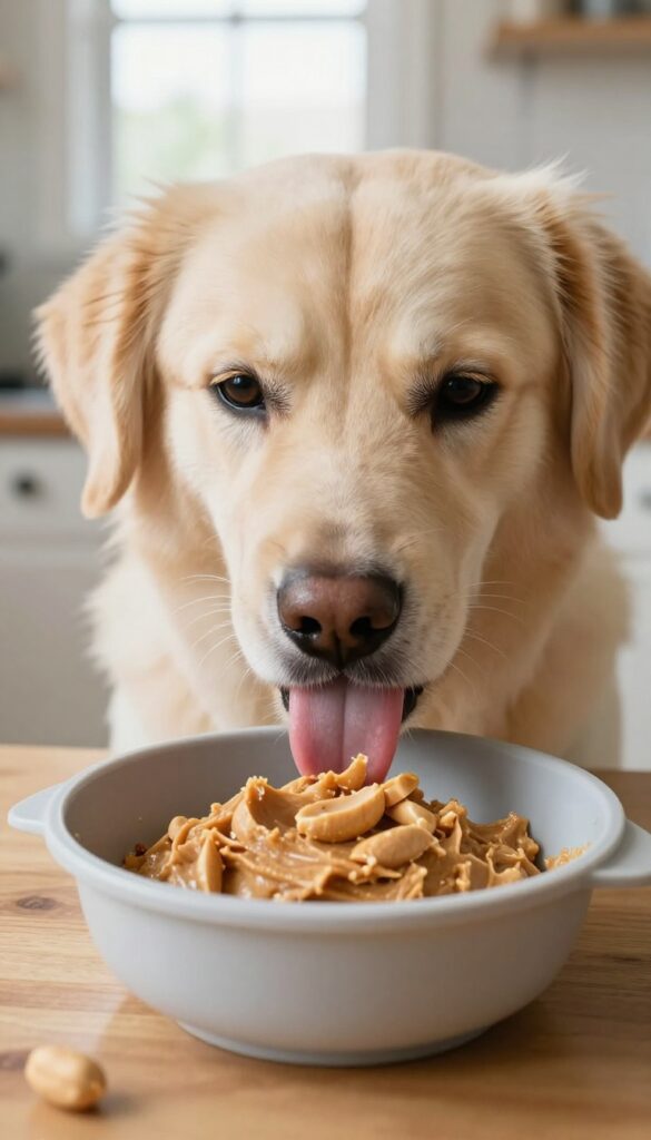 Dog licking frozen peanut butter from a bowl for enrichment