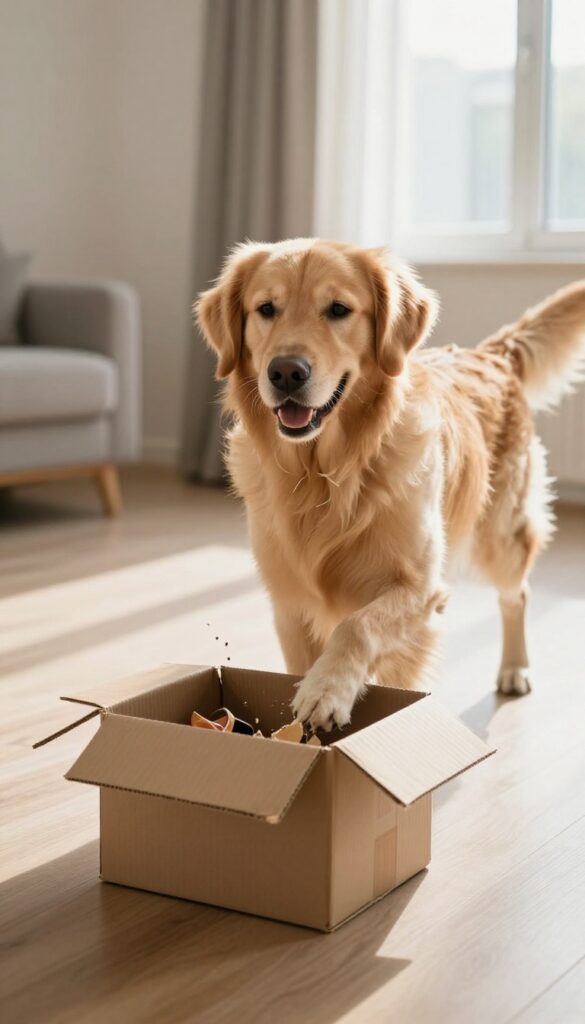 Golden retriever shredding a cardboard box with treats inside on a sunlit living room floor