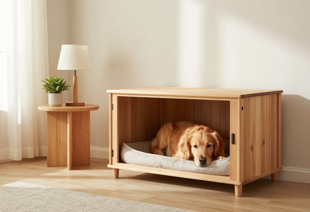 Stylish wooden dog crate used as a side table in a modern living room with a golden retriever inside.