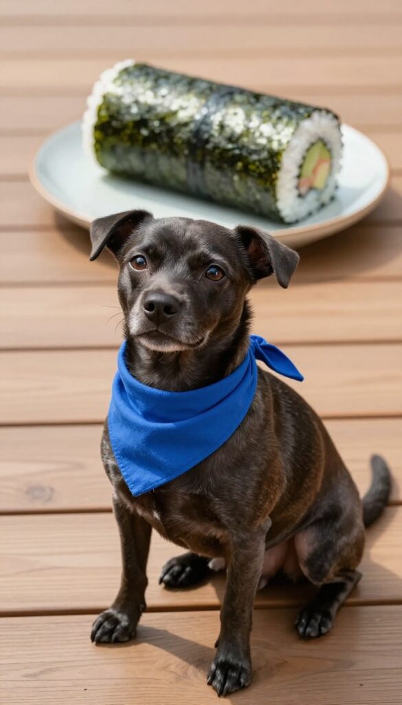 A small dark-coated dog wearing a blue bandana sits on a deck beside a sushi roll, embodying the name Nori.