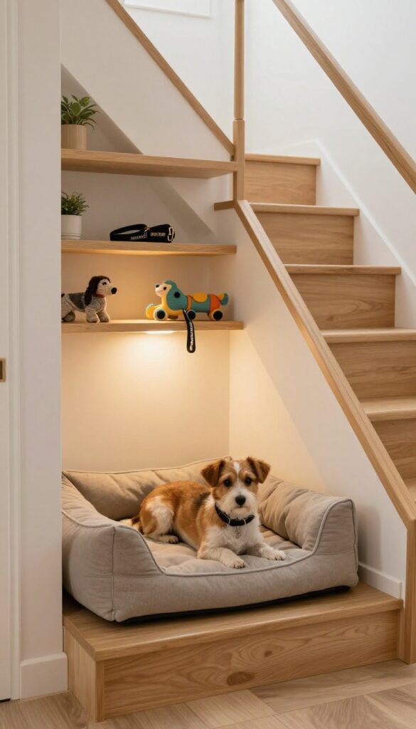 Cozy dog nap nook under stairs with wall-mounted shelves and soft lighting