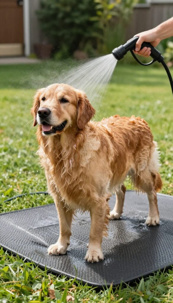 Dog being rinsed with a pressure washer attachment in an outdoor mud room bath area
