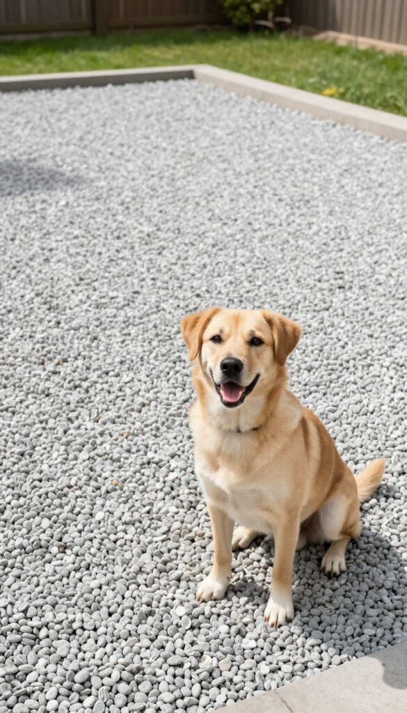 A dog standing on a clean gravel potty area in a sunny backyard.