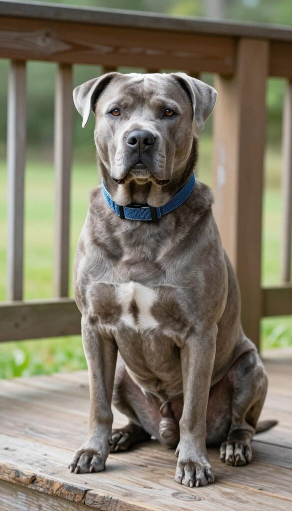 A blue-gray dog wearing a denim-blue collar sits on a wooden porch, embodying a rugged and friendly style.