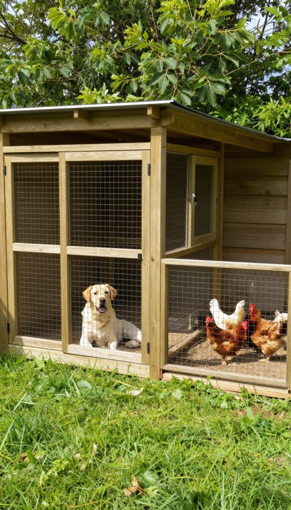 Custom L-shaped dog kennel and chicken coop in a backyard, with a dog and chickens in their respective areas.