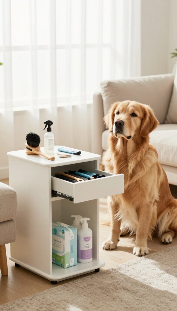 Side table with open drawer showing grooming kit, golden retriever sitting beside it
