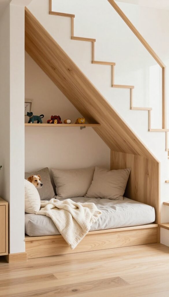 Cozy built-in dog bed nook under stairs with cushion and pillows
