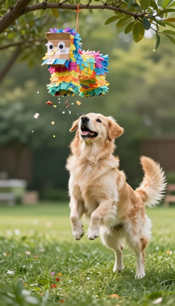 Golden retriever jumping to break a colorful dog piñata with treats flying in a sunny backyard